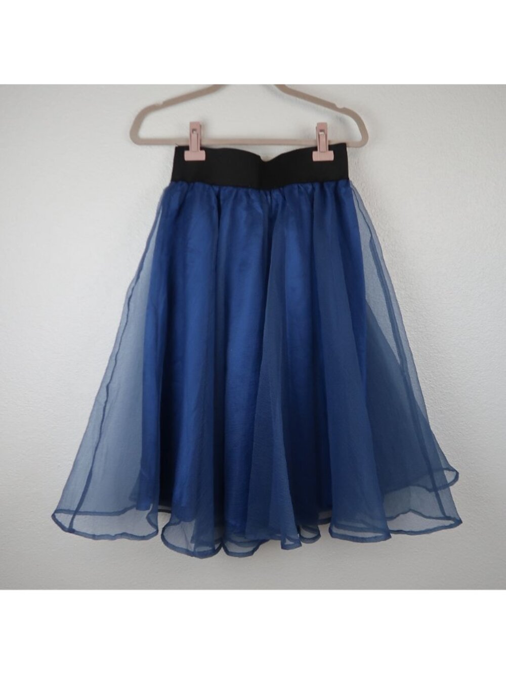 ✨3/$30 Color Lounge M Blue Sheer Overlay Skirt Black Bow Waist Knee Length Midi - Picture 2 of 4